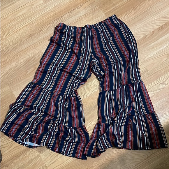 Elegant Striped Navy Blue wide leg ruffle pants - Picture 2 of 2